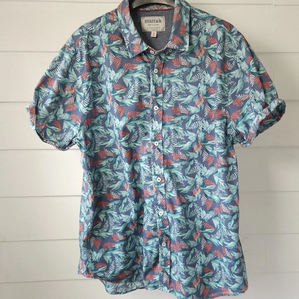 Heritage Report Collection Tropical Leaf Print Short Sleeve Button Up Shirt XL